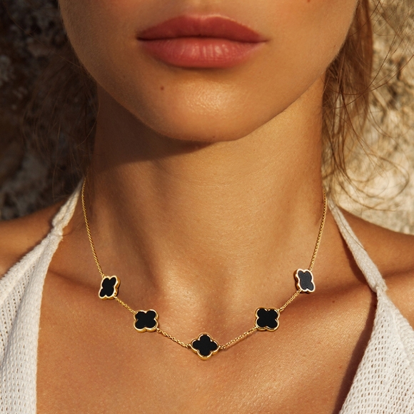 iFashionBox Jewelry - Black Gold Dipped Quatrefoil Clover Chain Necklace Station Everyday Jewelry